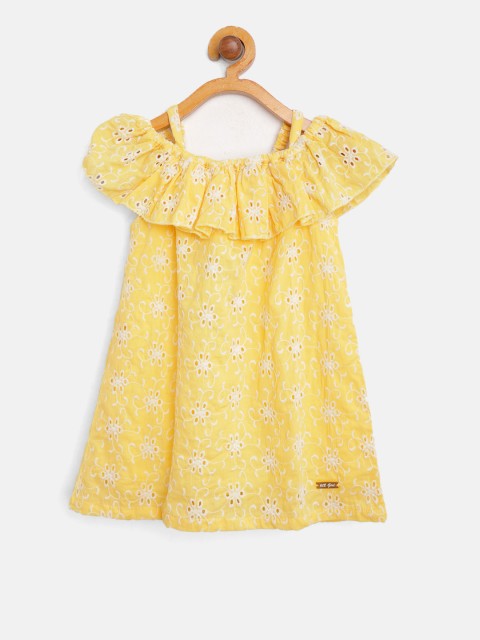 

612 league Girls Yellow & Off-White Schiffli Embroidered A-Line Dress