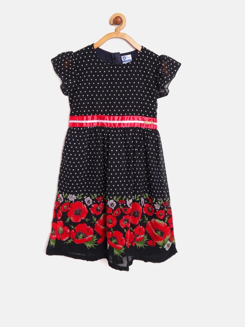 

612 league Girls Black & Off-White Polka Dot Print Fit and Flare Dress