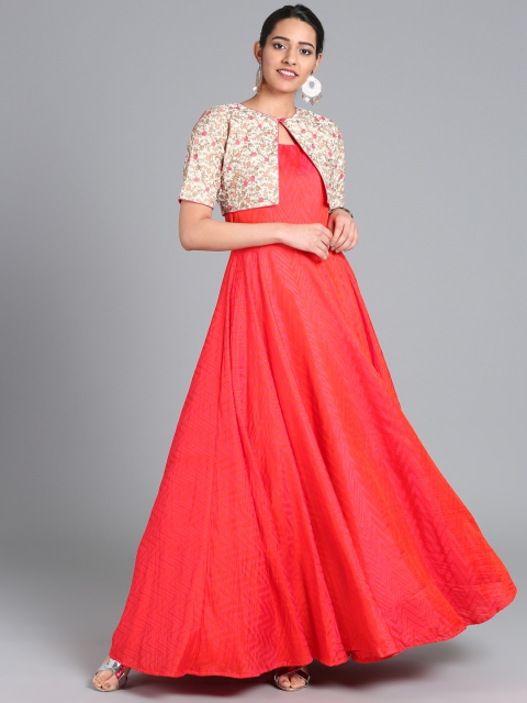 

EthnoVogue Women Orange & Yellow Made to Measure Maxi Gown With Crop Jacket, Red