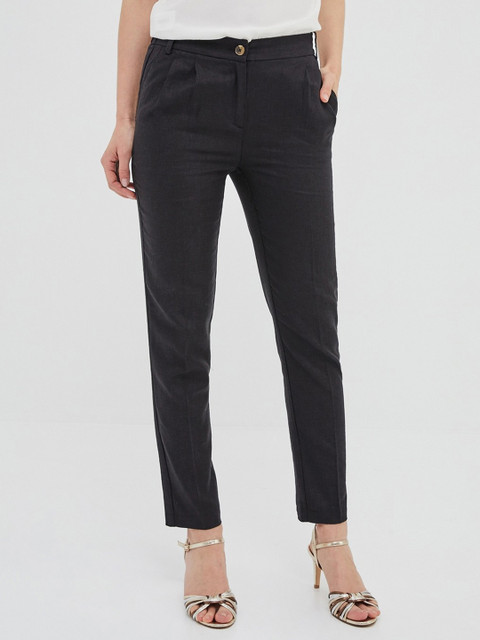 

promod Women Black Regular Fit Solid Regular Trousers