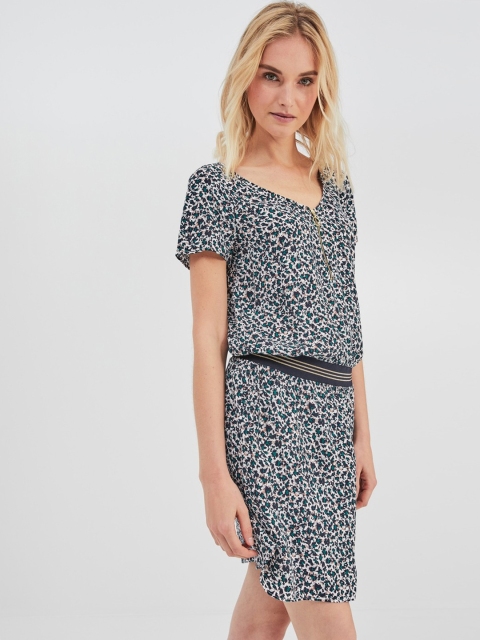 

promod Women White & Green Printed Fit and Flare Dress