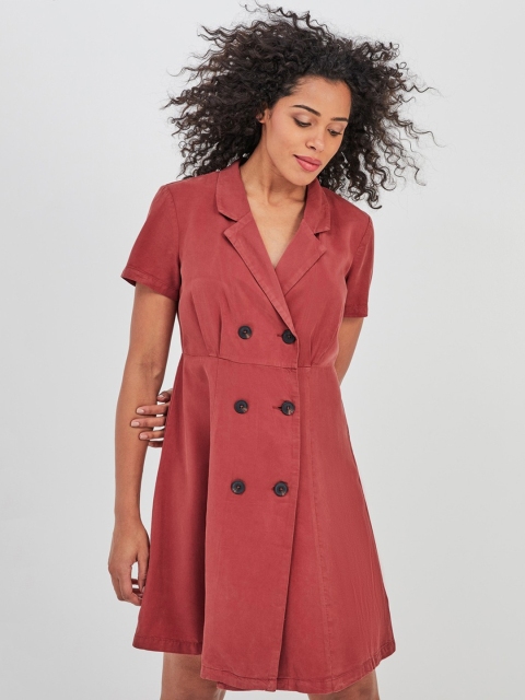 

promod Women Rust Red Solid Fit and Flare Dress