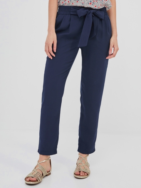 

promod Women Navy Blue Regular Fit Solid Regular Trousers