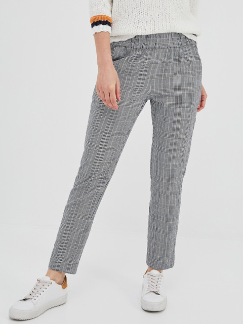 

promod Women Off-White & Navy Blue Checked Trousers