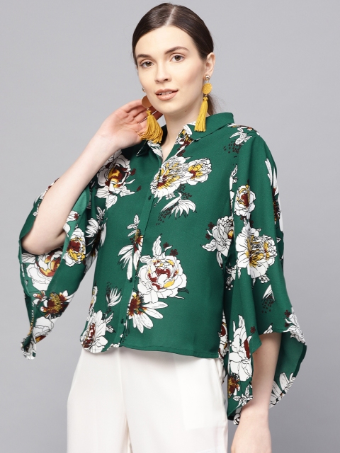 

Kazo Women Green & White Regular Fit Printed Casual Shirt