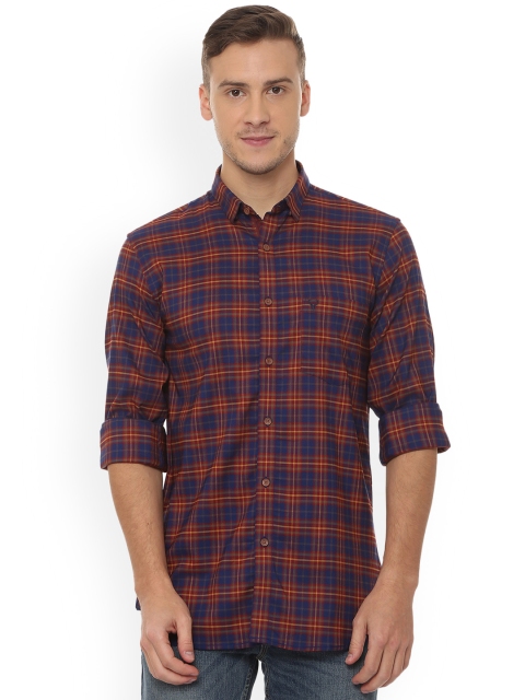 

Allen Solly Men Blue & Rust Orange Slim Fit Checked Casual Shirt