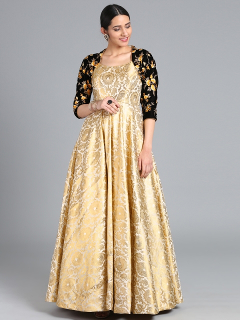 

EthnoVogue Women Gold-Coloured & Black Made to Measure Embroided Woven Maxi Gown