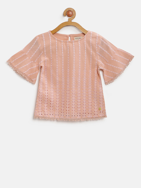 

Gini and Jony Girls Peach-Coloured Self Design Chifley Embroidered A-Line Top