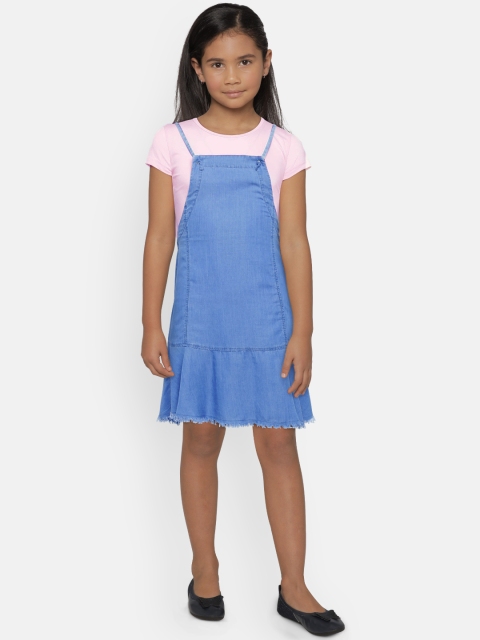 

Gini and Jony Girls Blue Solid A-Line Denim Dress with a T-shirt