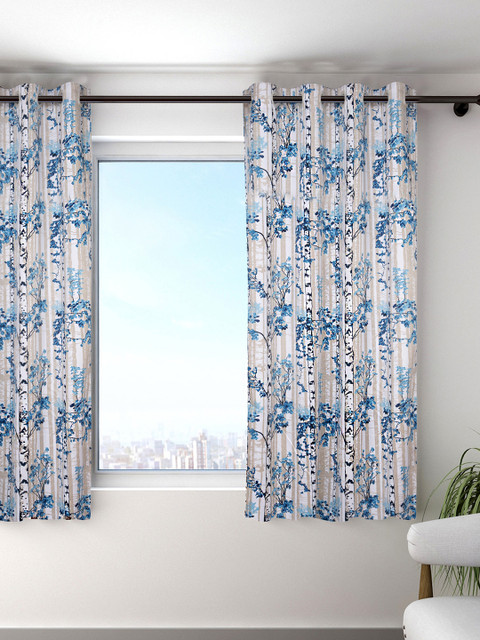 

HOUZZCODE White & Blue Set of Single Curtain