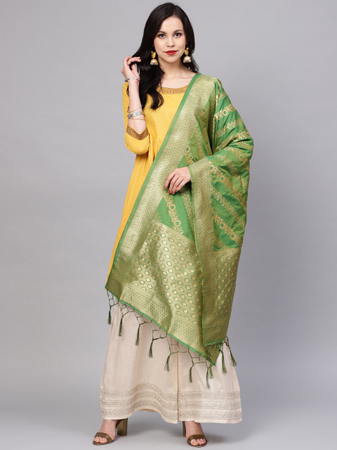 

SUTRAM Green & Golden Zari Woven Design Dupatta