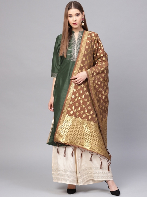

SUTRAM Coffee Brown & Golden Zari Woven Design Dupatta