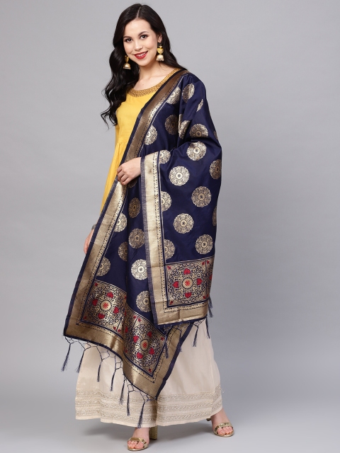 

SUTRAM Navy Blue & Golden Zari Woven Design Dupatta