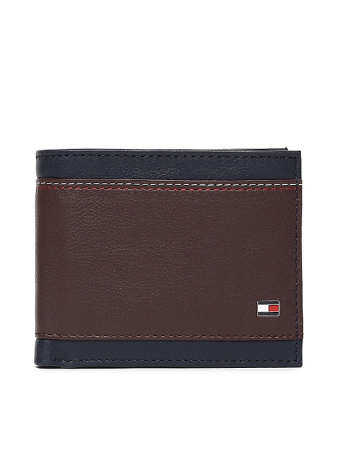 

Tommy Hilfiger Men Navy Blue & Brown Leather Colourblocked Two Fold Wallet