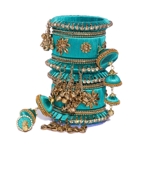 

damani Set of 18 Teal Green Gold-Plated Stone-Studded Polki Bangles