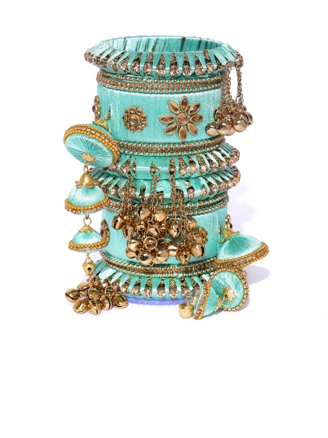 

damani Set of 18 Sea Green Gold-Plated Stone-Studded Polki Bangles