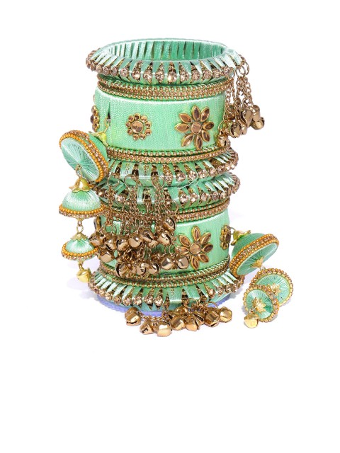 

damani Set of 18 Green Gold-Plated Stone-Studded Polki Bangles
