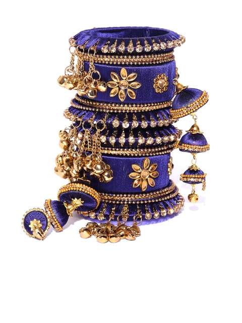 

damani Set of 18 Navy Blue Gold-Plated Stone-Studded Polki Bangles