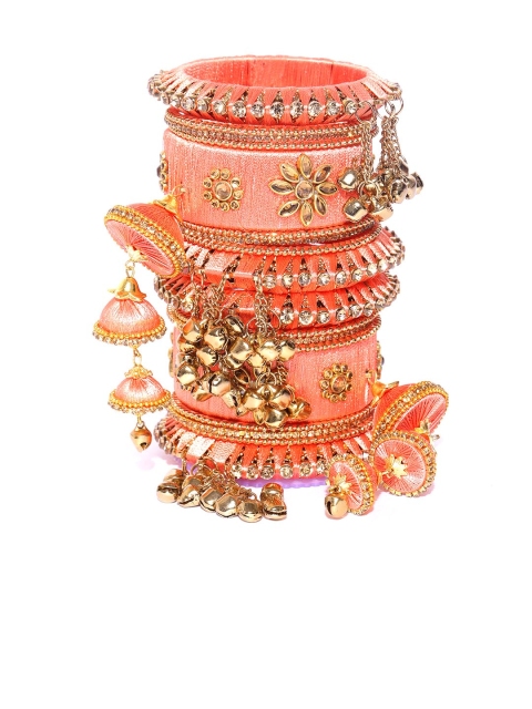 

damani Set of 18 Peach-Coloured Gold-Plated Stone-Studded Polki Bangles