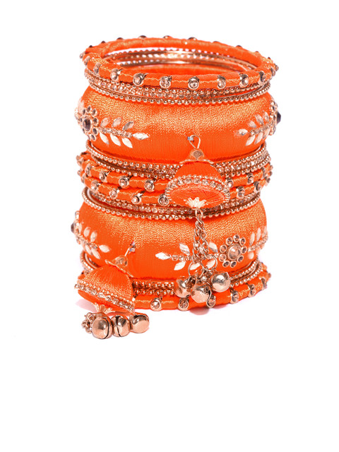 

damani Set of 18 Orange Gold-Plated Stone-Studded Polki Bangles