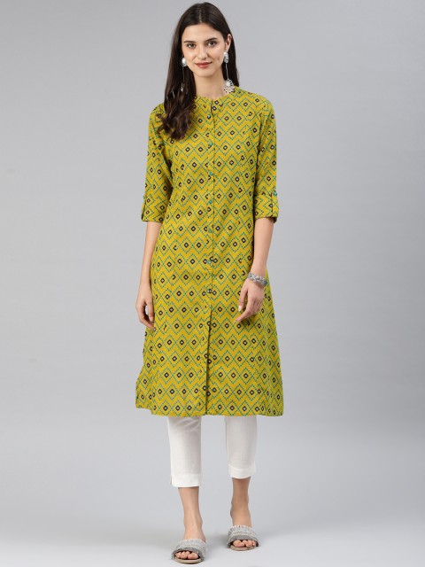

Alena Women Mustard Yellow & Green Printed Straight Kurta