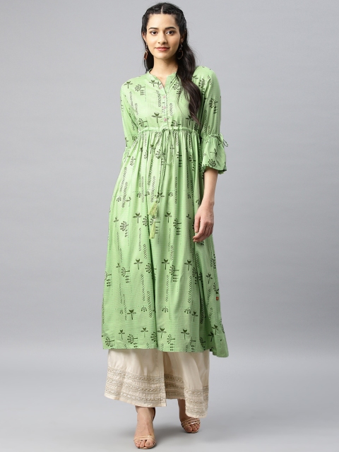 

Alena Women Fluorescent Green Printed A-Line Kurta