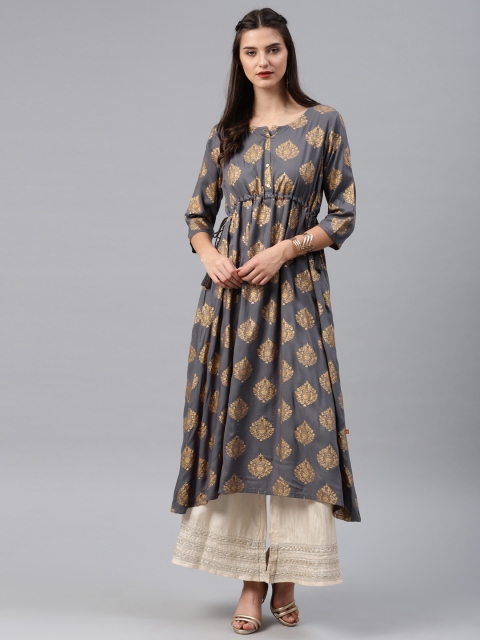 

Alena Women Grey & Golden Printed A-Line Kurta
