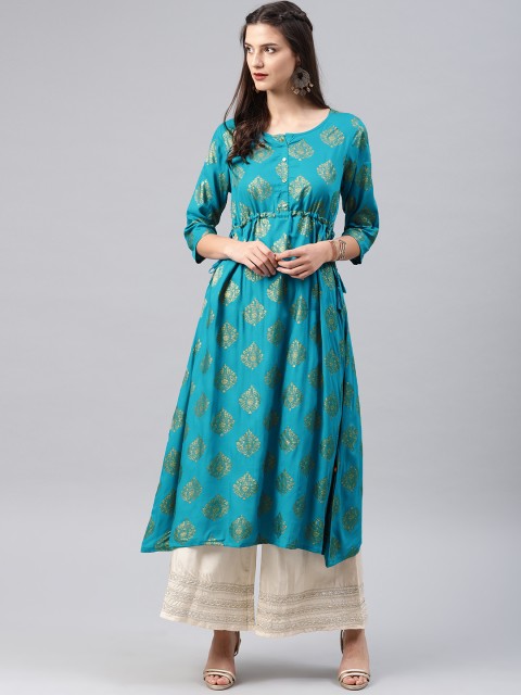 

Alena Women Sea Green & Gold-Toned Printed A-Line Kurta