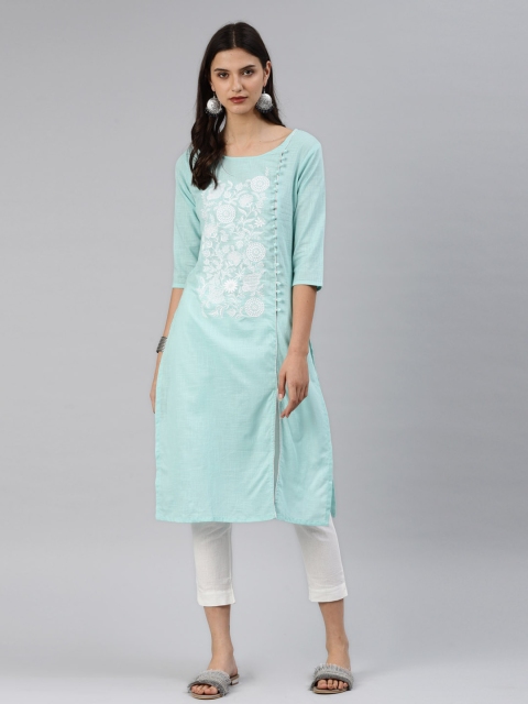 

Alena Women Sea Green & White Embroidered Straight Kurta