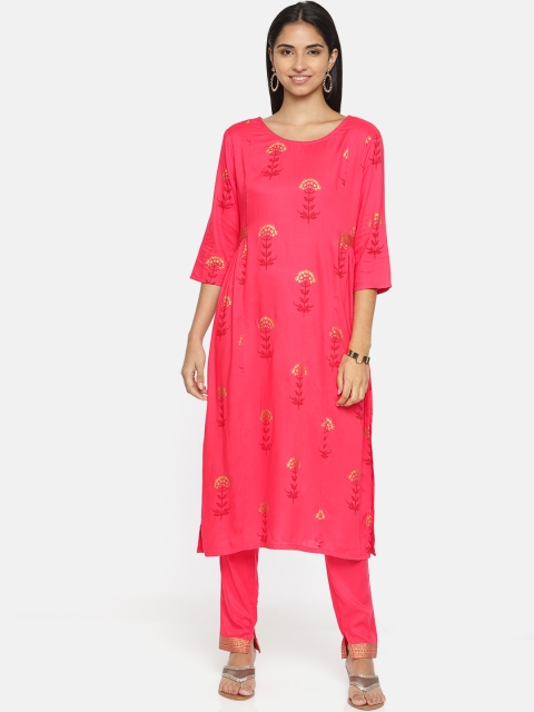 

Alena Women Coral Red Printed A-Line Kurta with Trousers