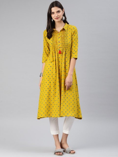 

Alena Women Mustard Yellow & Green Printed A-Line Kurta