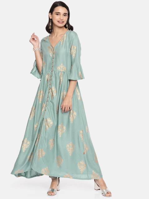 

Alena Women Turquoise Blue Printed A-Line Kurta with Trousers