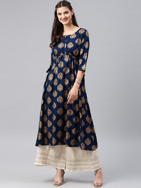 

Alena Women Navy Blue & Gold-Toned Printed A-Line Kurta