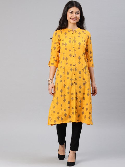 

Alena Women Mustard Yellow & Black Printed Straight Kurta