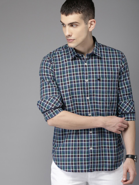 

THE BEAR HOUSE Men Green & Blue Regular Fit Checked Casual Shirt