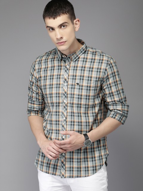 

THE BEAR HOUSE Men Grey & Orange Regular Fit Checked Casual Shirt