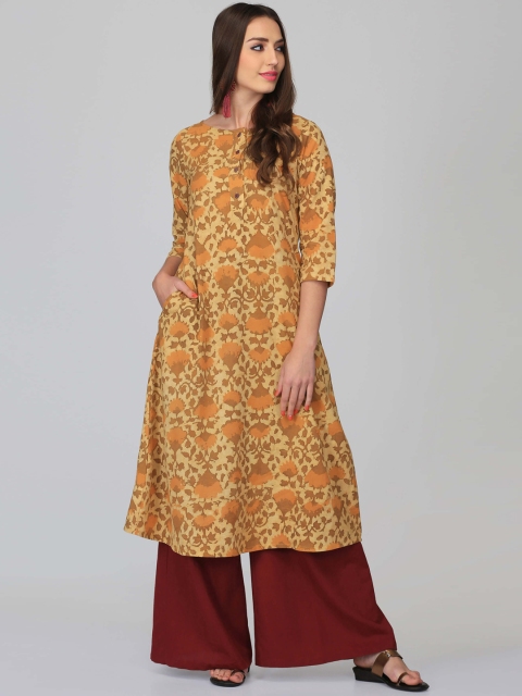 

Abhishti Women Mustard Printed A-Line Kurta