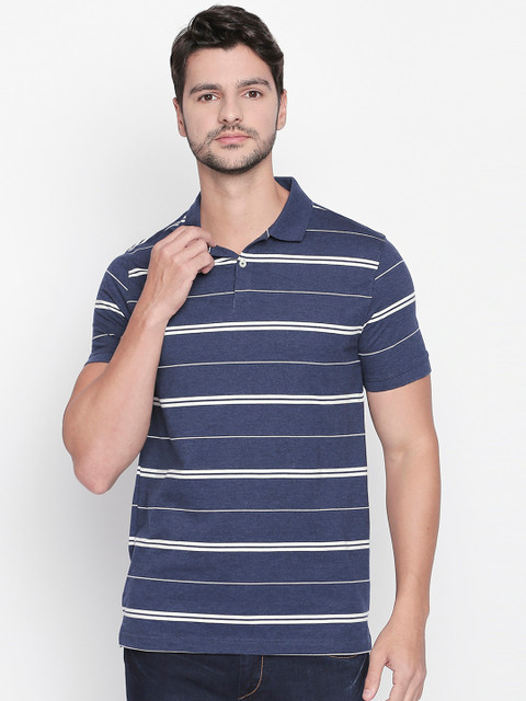 

BYFORD by Pantaloons Men Navy Blue Striped Polo Collar T-shirt