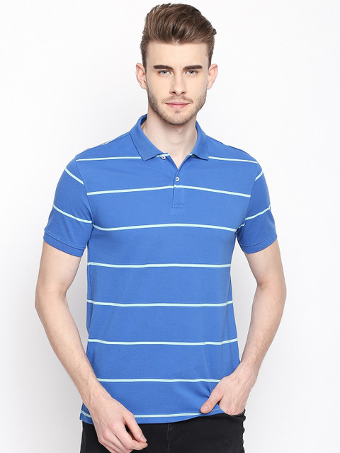 

BYFORD by Pantaloons Men Blue Striped Polo Collar T-shirt