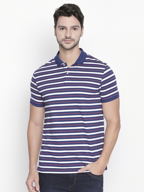 

BYFORD by Pantaloons Men Navy Blue & White Striped Polo Collar T-shirt
