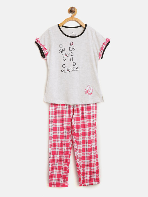 

Sweet Dreams Girls Grey Melange & Pink Printed Night suit 6214A9