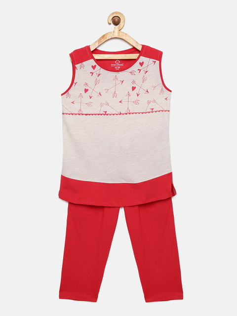 

Sweet Dreams Girls Beige & Red Printed Night suit
