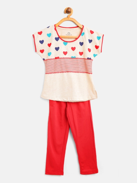 

Sweet Dreams Girls Beige & Red Printed Night suit 6201A9