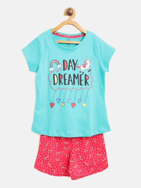 

Sweet Dreams Girls Turquoise Blue & Pink Printed Night suit 6114A9