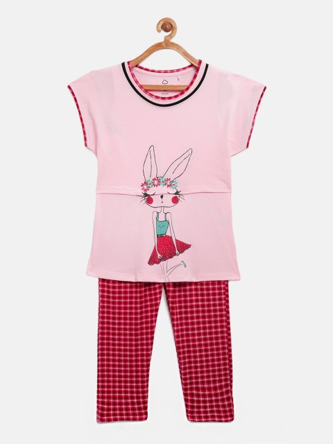 

Sweet Dreams Girls Pink & Red Printed Night suit