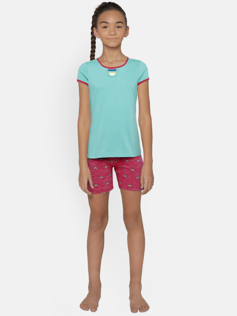 

Sweet Dreams Girls Green & Pink Solid Night suit