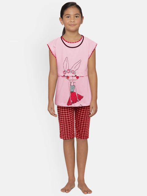 

Sweet Dreams Girls Pink & Red Printed Night suit