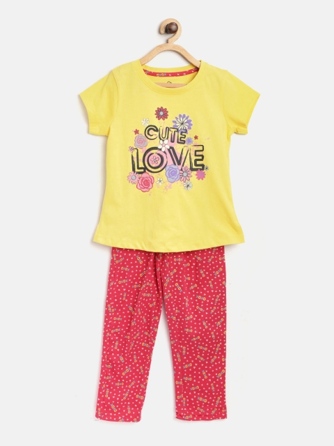 

Sweet Dreams Girls Yellow & Pink Printed Night suit