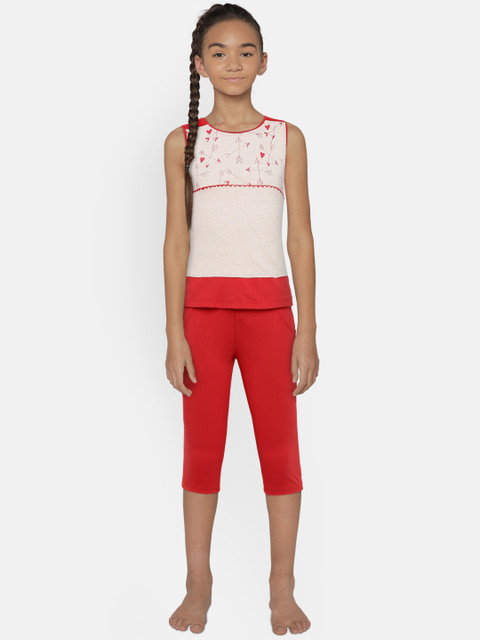 

Sweet Dreams Girls Beige & Red Printed Night suit