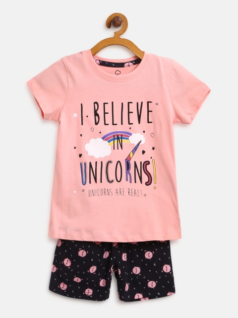 

Sweet Dreams Girls Pink & Navy Blue Printed Night Suit 6113A9